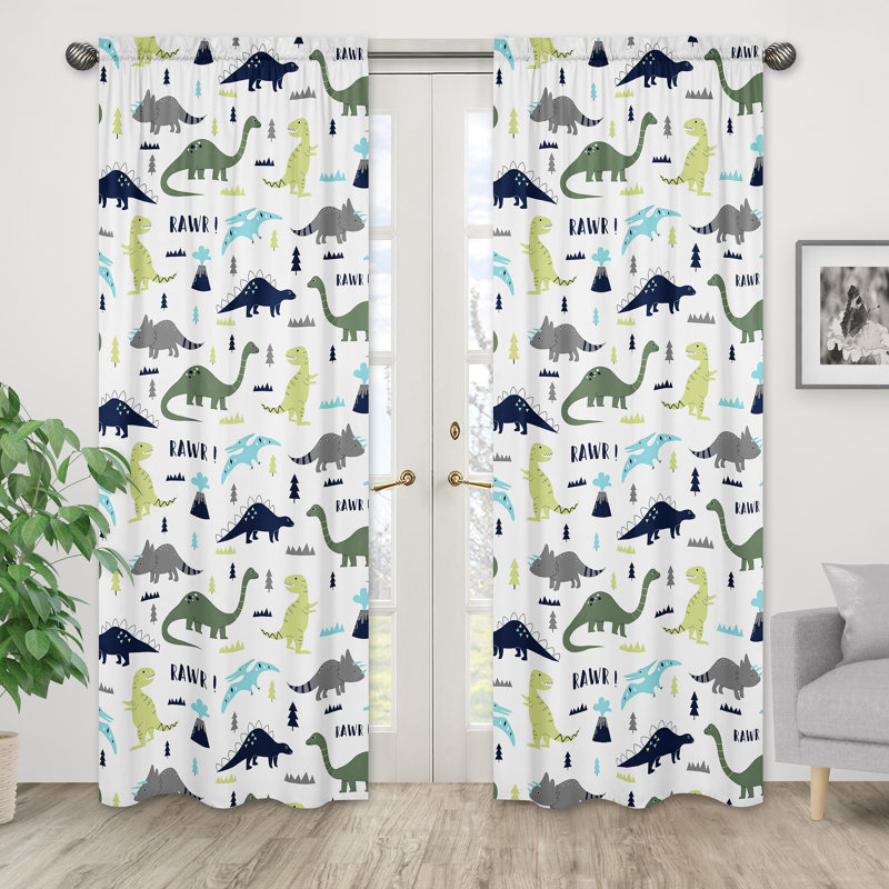 Blue and Green Dinosaur Print Rod Pocket Curtain Panels