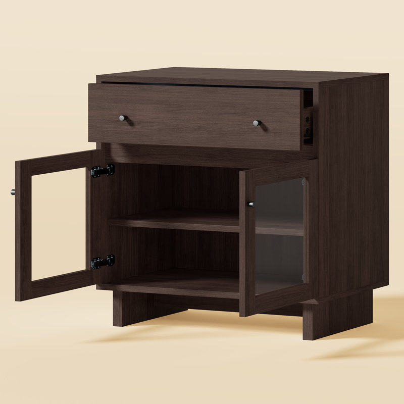 Buffet Almaguer de 80 cm de large avec tiroir, portes vitrées et tablette ajustable, noyer brun, Brun noyer