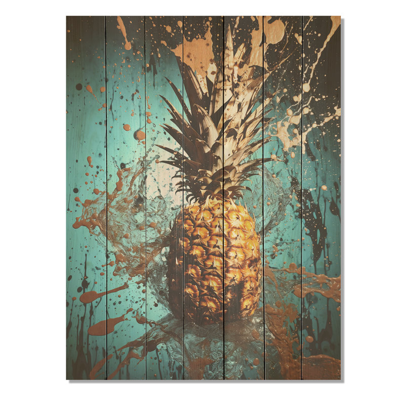 Ananas abstrait turquoise torsadé - ananas sur bois, H 20 po x l 10 po