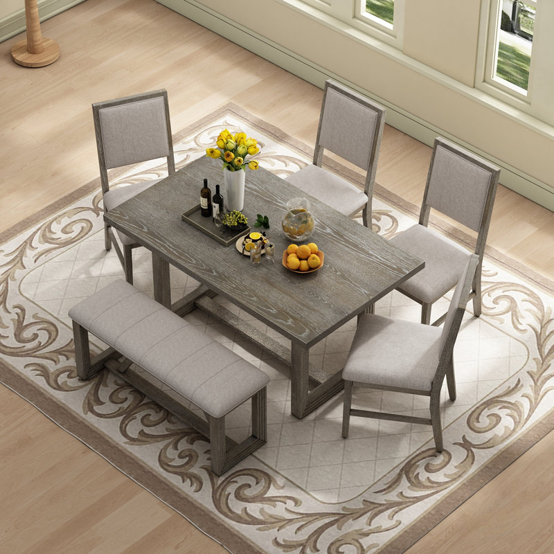 Ensemble de table de salle à manger 6 pièces avec table rectangulaire, 4 Chiars et un banc, Gris