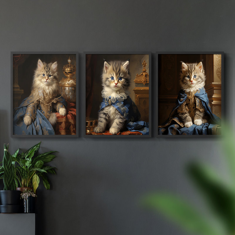 Série royale animaux LVI - ensemble de 3 estampes numériques encadrées - prêt à être accroché, Noir, noir, noir, noir