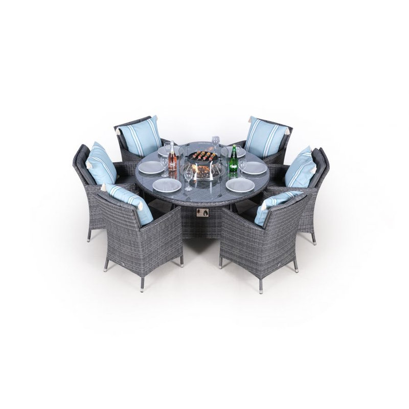 Paquette 6 - Person Patio Dining Set Round Table with Cushions Included, Grey/Light Blue, Grey