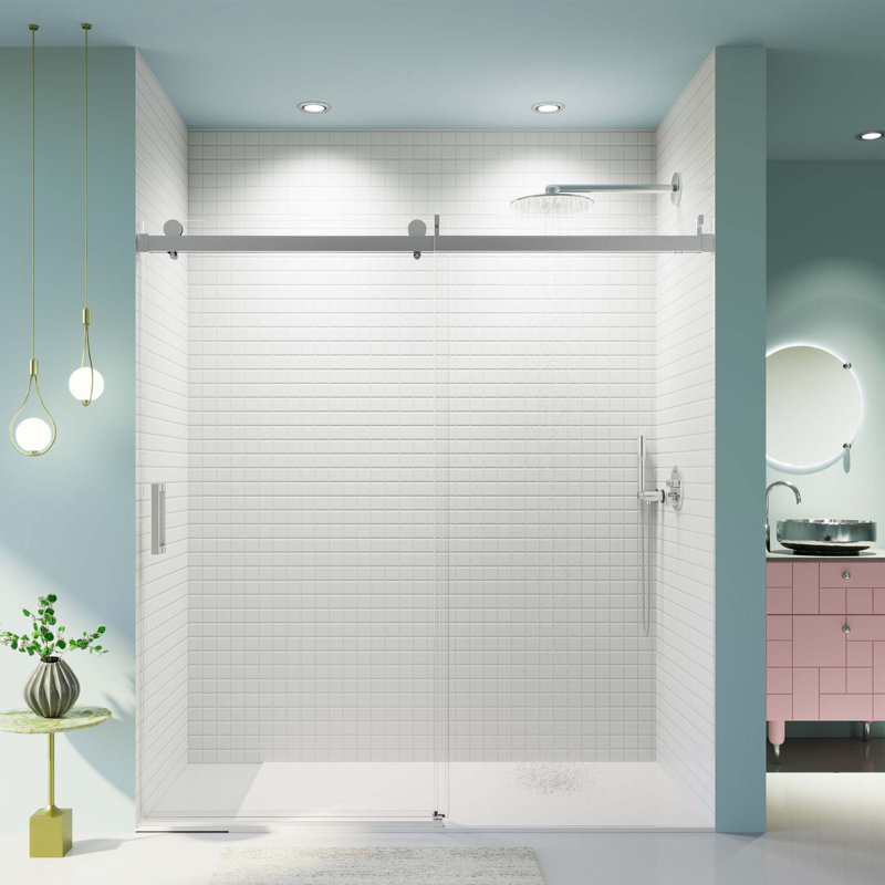 Ensemble de 2 portes de douche coulissantes doubles sans cadre, porte en verre trempé, Chrome chrome