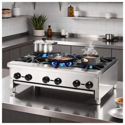 Cuisinière à gaz commerciale en acier inoxydable de 168 000 BTU avec comptoir à 6 brûleurs commercial pour gaz naturel ou propane