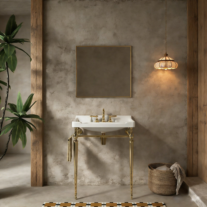 28" Retro Modern Ceramic Console Bathroom Vanity with Metal Stand, White, Gold, 28"