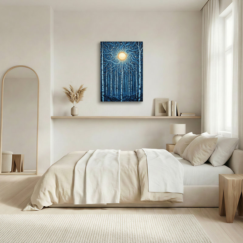 Ensemble de 1 tableau sur toile tendue représentant une forêt de bouleaux bleus au clair de lune, 2030