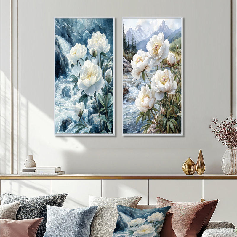 Pivoines au bord de la rivière I - collection de 2 décorations murales en toile florale, Cadre flottant blanc