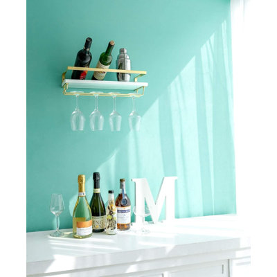 Wall Mounted Wine Rack Set Of 2 White Wood Wine Bottle Glass Holder Floating Shelves With Stemware Hanger Modern Plants Photos Wine Display Storage Holder For Kitchen Dining Room Bar, 17 Inch
