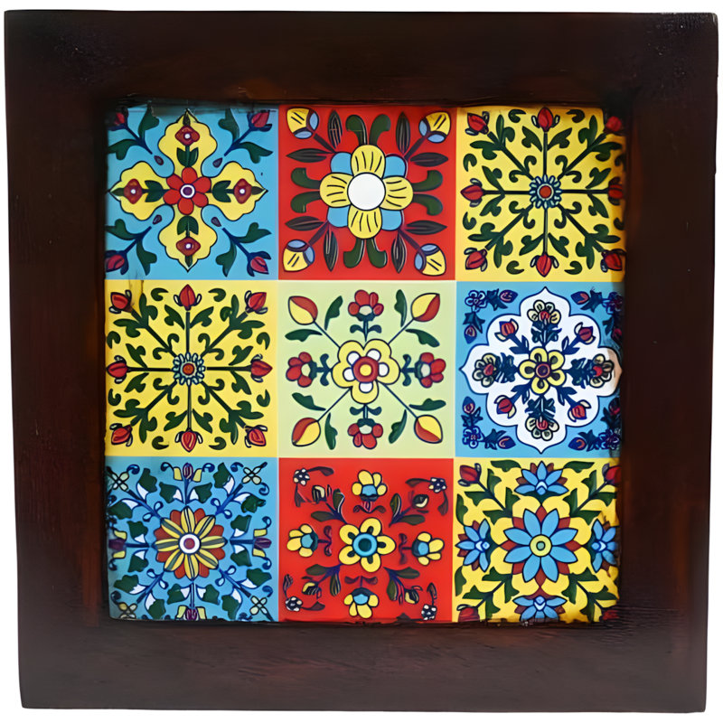 Pooja Chowki fabriqué à la main en bois avec 9 tuiles décoratives pour objets religieux, décor d'autel et sanctuaire