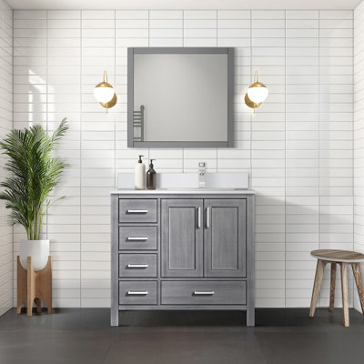 Meuble-lavabo blanc 36 po X P 22 po D, dessus en marbre de culture décalé à droite et ensemble de robinet