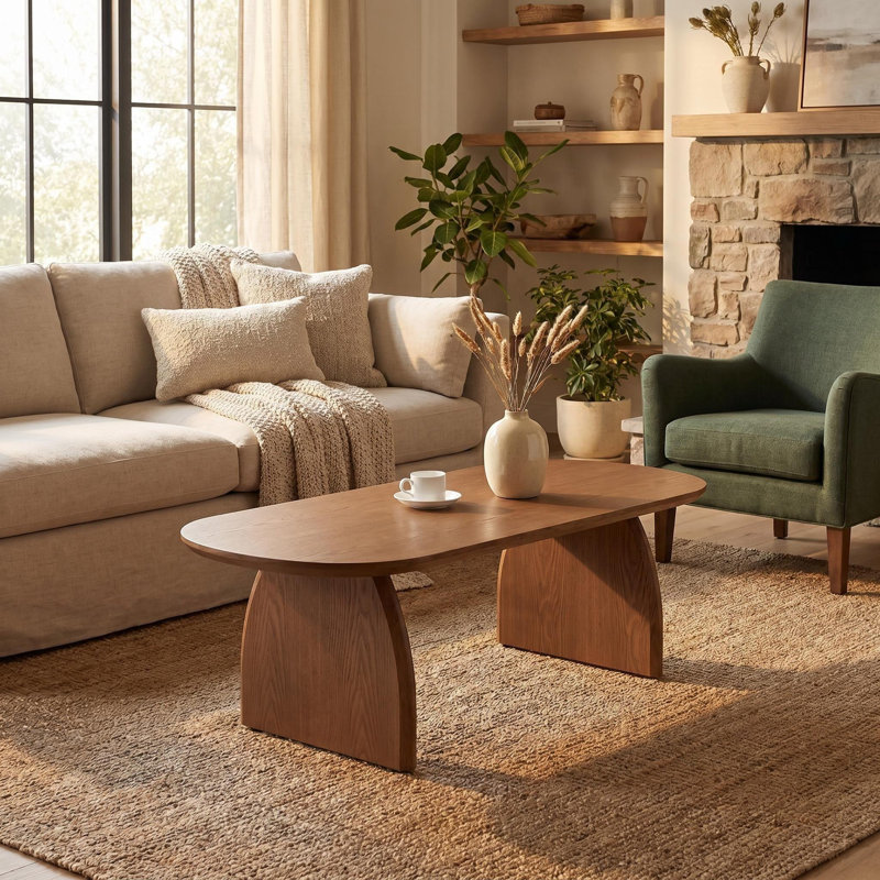 47" Oval Coffee Table, Modern Solid Wood Veneer Centre Table, Walnut