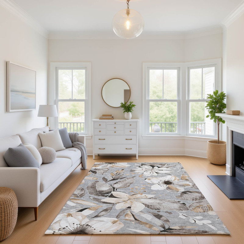 Tapis floral lavable à la machine de qualité supérieure Mayfield AMF2260, Gris, 8 pi x 10 pi