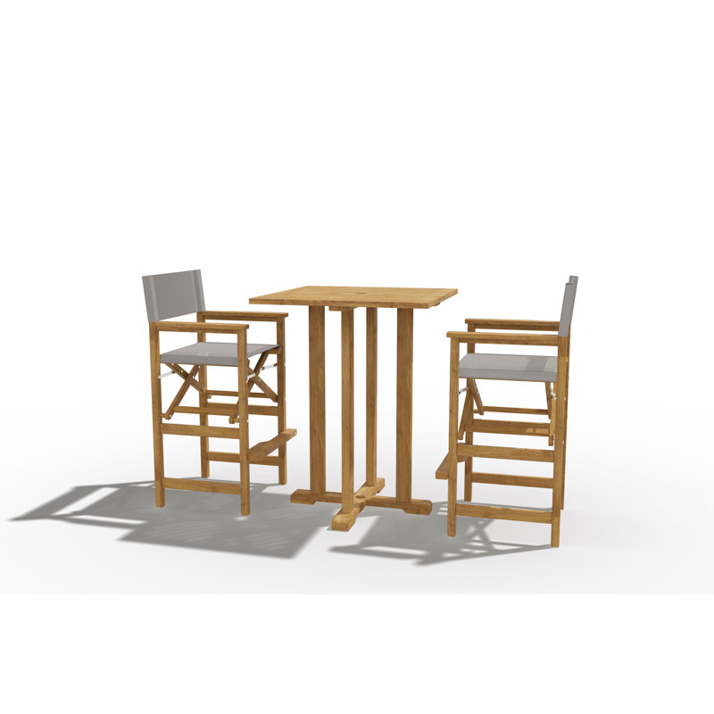 Mountford 3-Piece Square Teak Outdoor Bar Height Dining Set with Folding Armchairs, Taupe