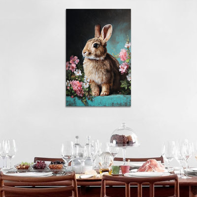  Art mural sur toile de lapin - Printemps et Pâques, décoration murale avec thème de lapin et de fleurs pour la décoration intérieure, reproduction sur toile tendue avec châssis, 12 po x 18 po