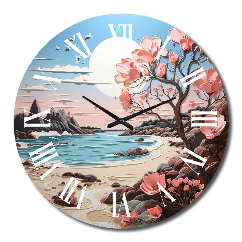 Horloge murale de plage rose avec papercut I, Grand