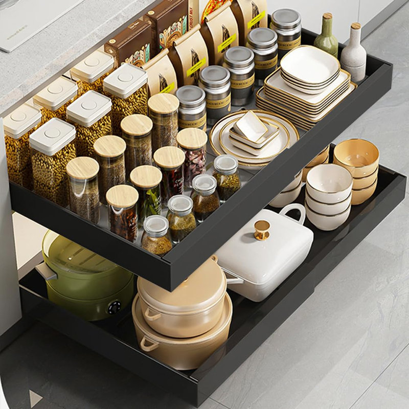 Expandable Pull-Out Cabinet Organizer, Adjustable 43.5-68cm Slide Out Storage Shelf, 42cm Deep Heavy Duty Roll Out Drawer with Adhesive Fix for Kitchen Pantry Cabinets