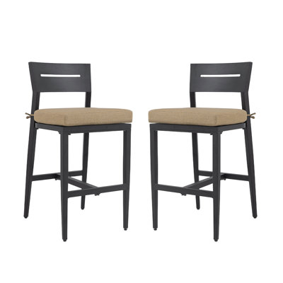 Modern Outdoor 2PC Bar Stools, Aluminum Patio Bar Chair With Ergonomic Backrest, Tapered Legs, Footrest, Sunbrella Cushion, Weather-Resistant, For Garden, Poolside, And Kitchen Island