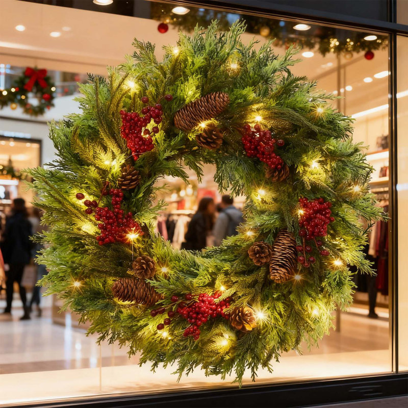 Couronnes de Noël de 22 pouces avec baies rouges et lumières à DEL pour porte d'entrée, fenêtre, mur, couloir, vert