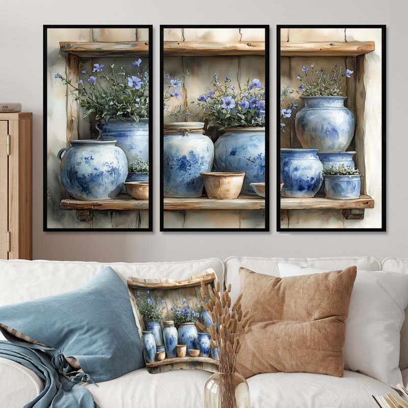Floralies bleues à la ferme III - ensemble d'art mural Boho Pottery, Toile avec cadre flottant noir