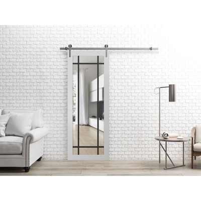 Porte de grange robuste en verre trempé transparent | Lucia 2266 | Ensemble de quincaillerie lourde pour cintres 6,6 pi noir | Portes intérieures modernes à panneau massif - verre transparent - rail noir