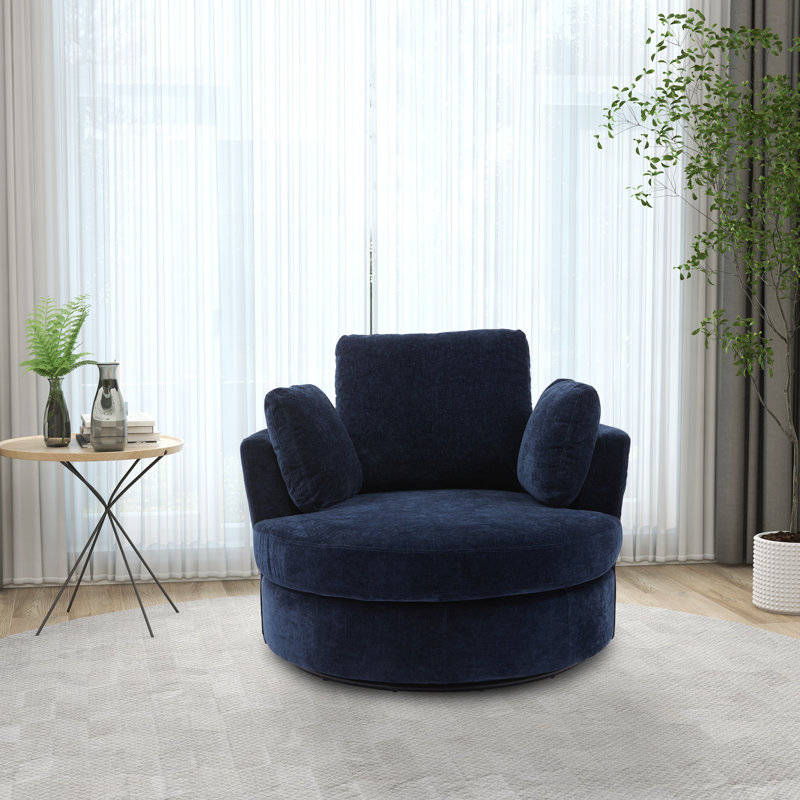 40" W Dahlonega Slipcovered Swivel Barrel Chair, Navy Chenille, 33.6'' H x 40'' W x 35'' D