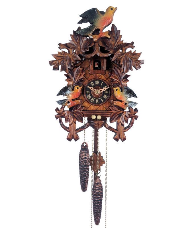  German Cuckoo Wall Clock Eight Painted Leaves Three Birds 10.5" H