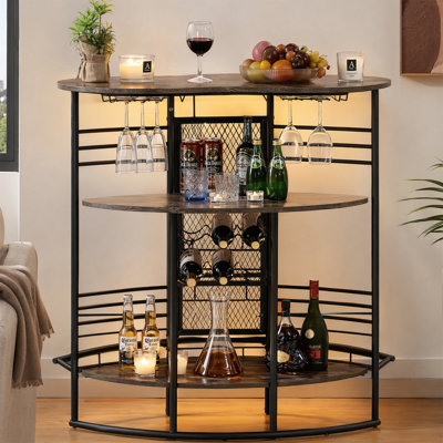 Table de bar ovale avec rangement pour bouteilles de vin, brun, conception en demi-lune