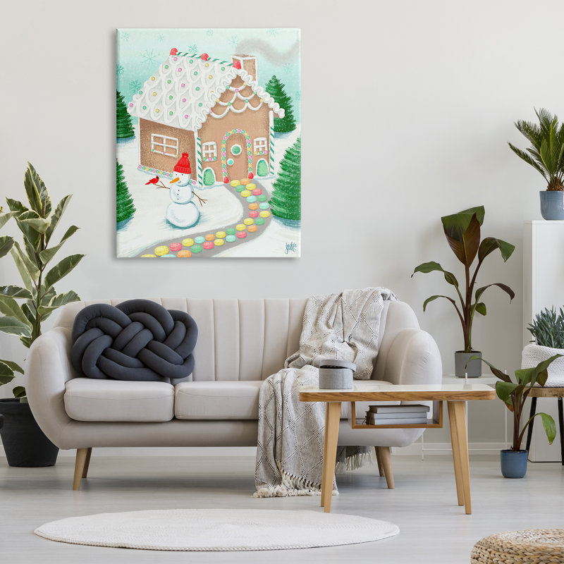 «Playful Gingerbread House Christmas Landscape» Happy Snowman, H 48 po x l 36 po, Plaque de bois