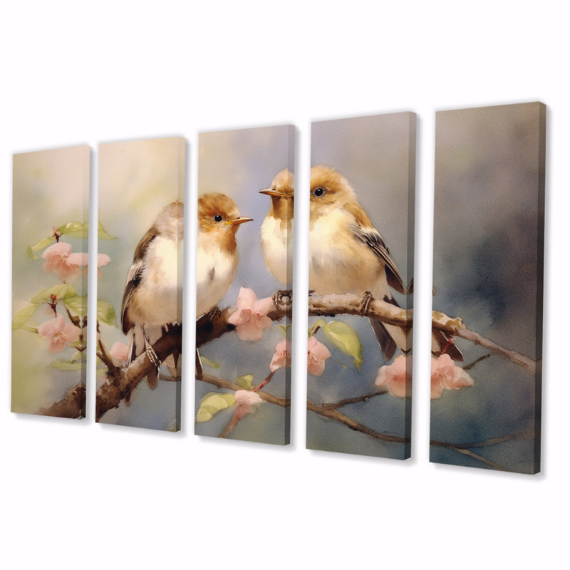 Oiseau moineau beige III - décoration murale animaux - 5 panneaux égaux