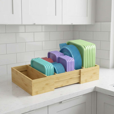 Hand-made Bamboo Expandable Kitchen Lids Organizer with 3 Adjustable Dividers for Cabinet Pantry Drawer Countertop Storage