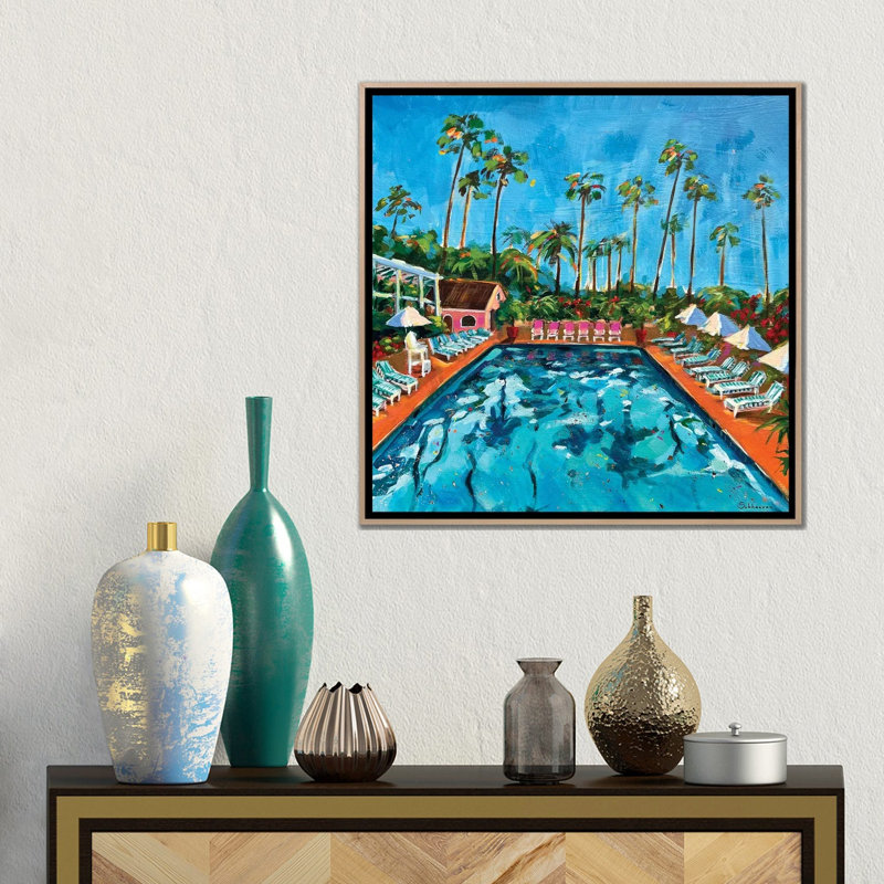 By The Pool California Scenery 1 Piece Wall Art on Canvas, 45.72 cm H x 45.72 cm W x 4.445 cm D, Natural Wood
