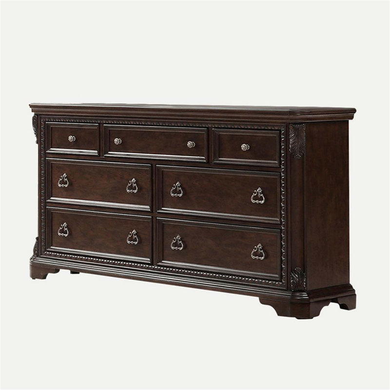 Commode à 7 tiroirs en acajou avec quincaillerie sur mesure et placages de frêne, parfaite pour un rangement élégant et fonctionnel.