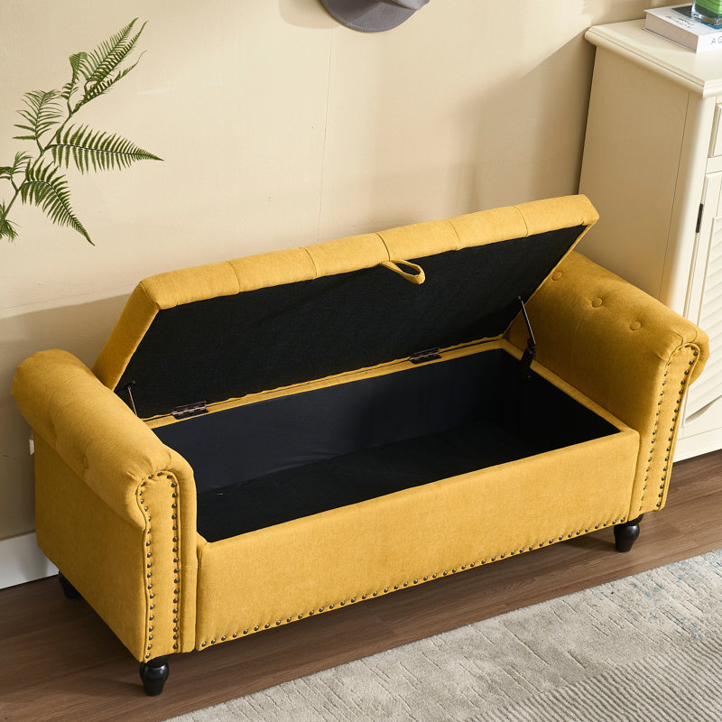 Repose-pieds capitonné avec rangement capitonné, Tissu jaune moutarde