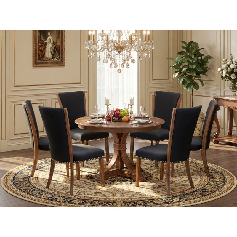 Ensemble de table de salle à manger 7 pièces comprenant une table de cuisine ronde avec piédestal et 6 chaises Parson en tissu noir, noyer antique