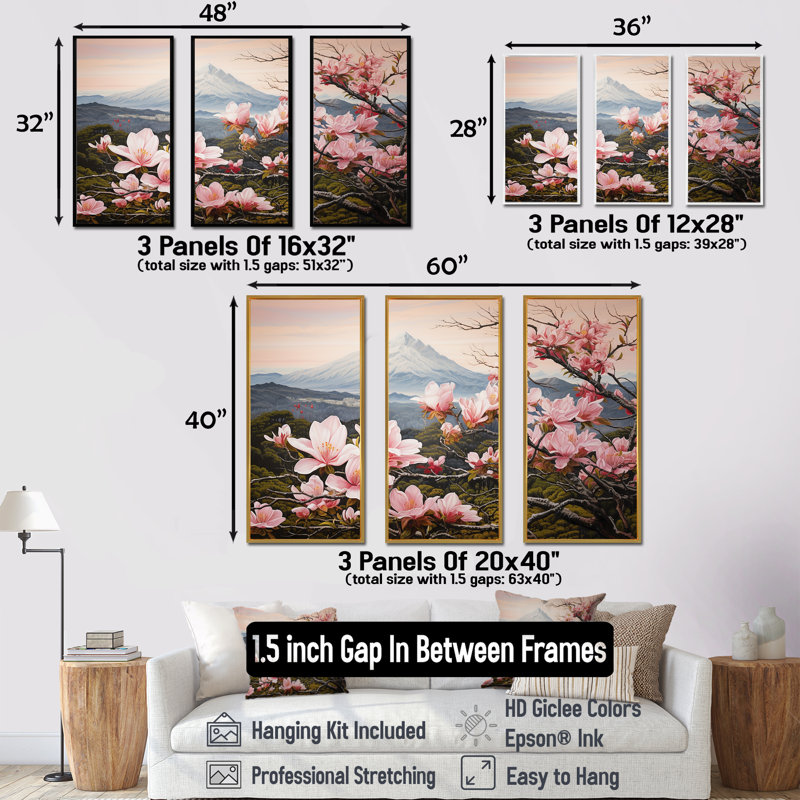 «Magnolias Charm In Mountain Scenery» - Ensemble de décorations murales Magnolias, Cadre flottant noir