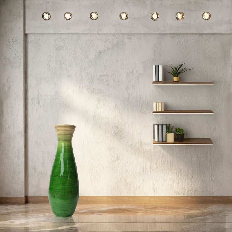Glossy Green Bamboo Floor Vase with Natural Tone Accent