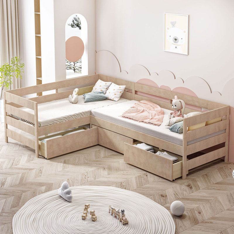 Lit plateforme simple en forme de L avec trois tiroirs de rangement, naturel