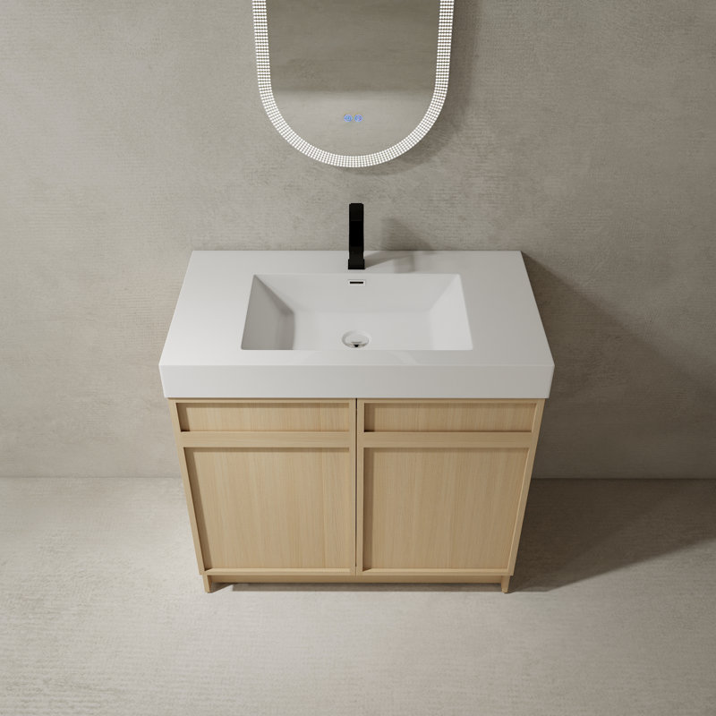 Meuble-lavabo sur pied 36 po avec lavabo en résine blanche et 2 portes d'armoire à fermeture en douceur