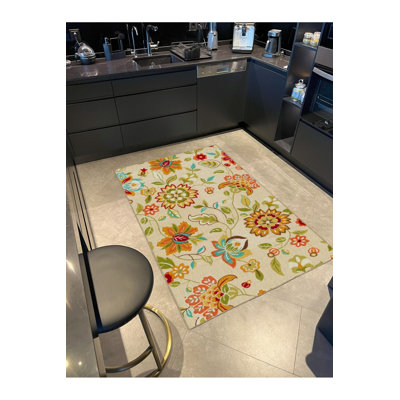 Cream Toned Floral Patterned Woven Base Machine Washable Rug