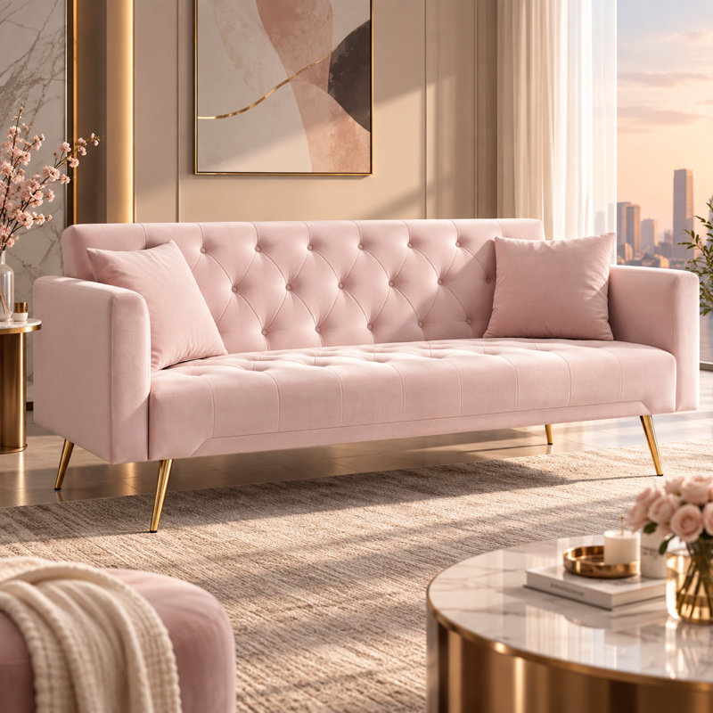 Canapé-lit 71 po convertible, canapé-lit en velours American Retro pour petits salons, chambres et bureaux, Rose