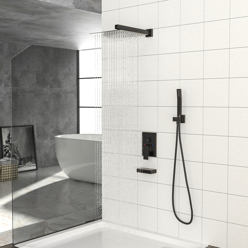Shower System With Waterfall Spout - 12 Inch Square Rainfall Head, Handheld, Oil Rubber Bronze, , -Balanced Valve, Wall Mounted, Easy Installation, Adjustable Water Flow, Rain Spray Pattern Tub