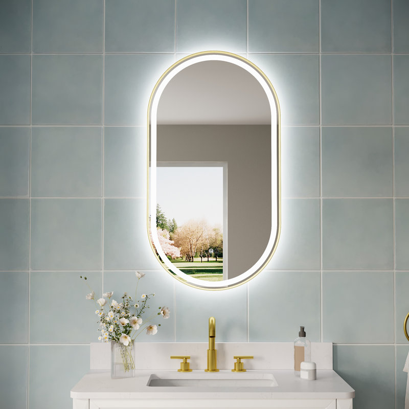 ZC-Mirror l 24 po x H 36 po mural miroir de salle de bain ovale à DEL avec fonction mémoire, 36 po x 20 po, Brushed Gold