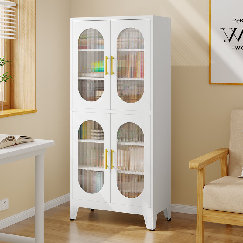 Armoire de rangement 61 po en métal avec 4 portes en verre et 4 tablettes réglables, Blanc