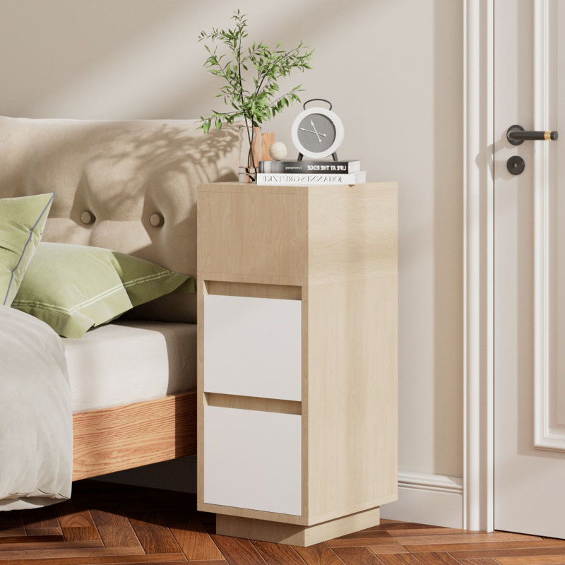 25cm W Solid Wood Bedside Table, Light Wood/White
