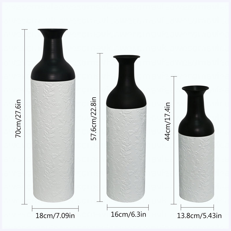 Ensemble de 3 vases de sol décoratifs en métal avec motif de feuilles, vases hauts blancs et noirs pour la décoration de salon et de vestibule