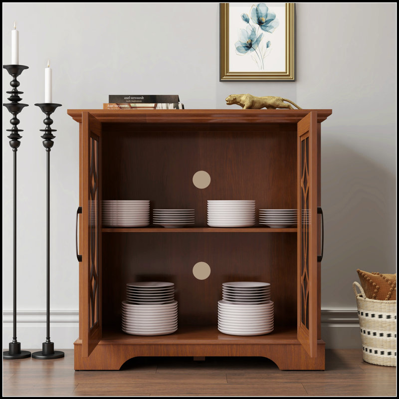 Spacious Sideboard With 2 Clear Tempered Glass Doors And Adjustable Shelf For Dining, Kitchen, And Living Rooms, Dark Oak