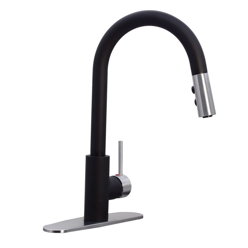 Dual Spray Push Button Mode Kitchen Faucet with Pull Down Sprayer Head, Matte Black/Stainless Steel
