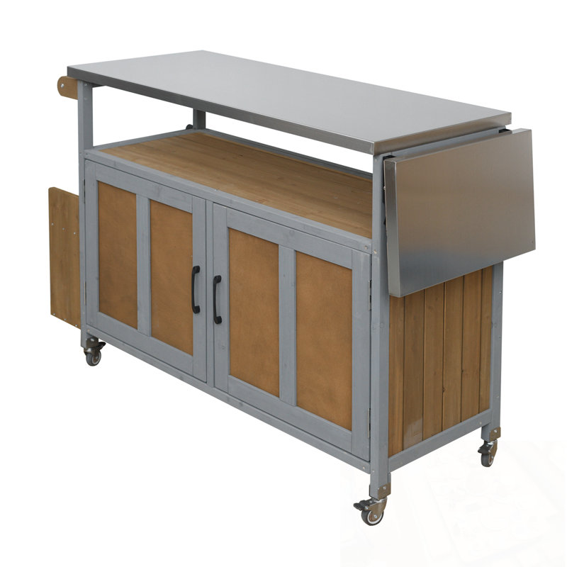 Outdoor Kitchen Island with open shelf, Storage Cabinet and Towel Rack, Espresso+Grey