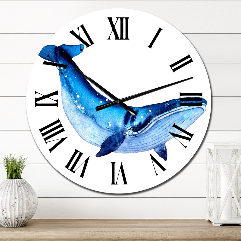 Baleine bleue sur fond blanc I - Horloge murale nautique et côtière, Petit