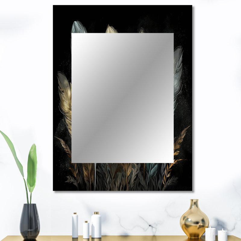 Gold Gilded Feathers II - Glam Feather Unique Mirror, Modern Large Wall Mirror, Printed Metal Art, 40" x 30"